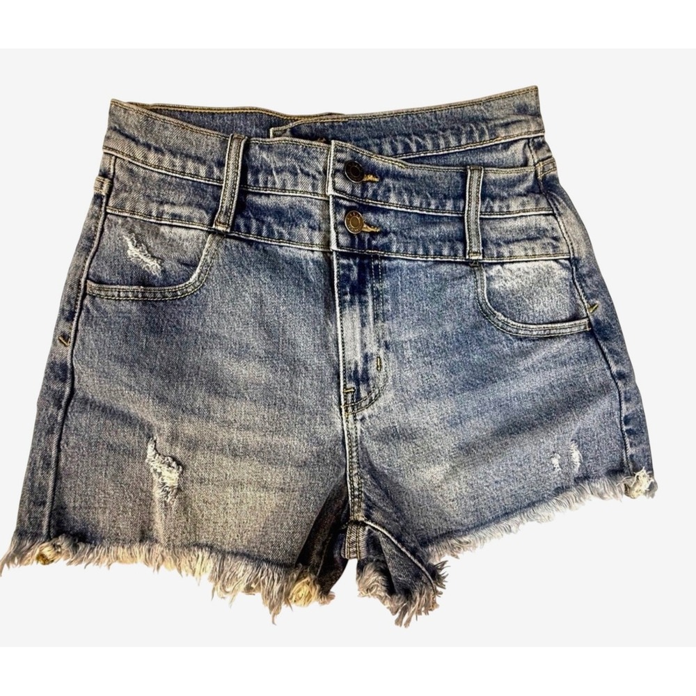 Cello Womens High Rise Crossover Double Button Distressed Denim Shorts Blue S